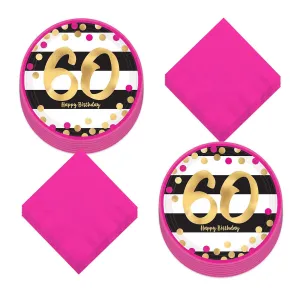 60th Birthday Party Supplies - Happy Birthday Pink and Gold Metallic Dessert Plates and Beverage Napkins (Serves 16)