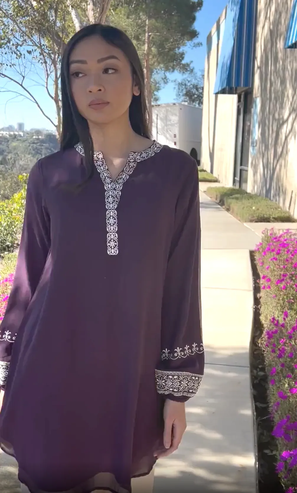 Amalie Embroidered Long Modest Tunic - Eggplant