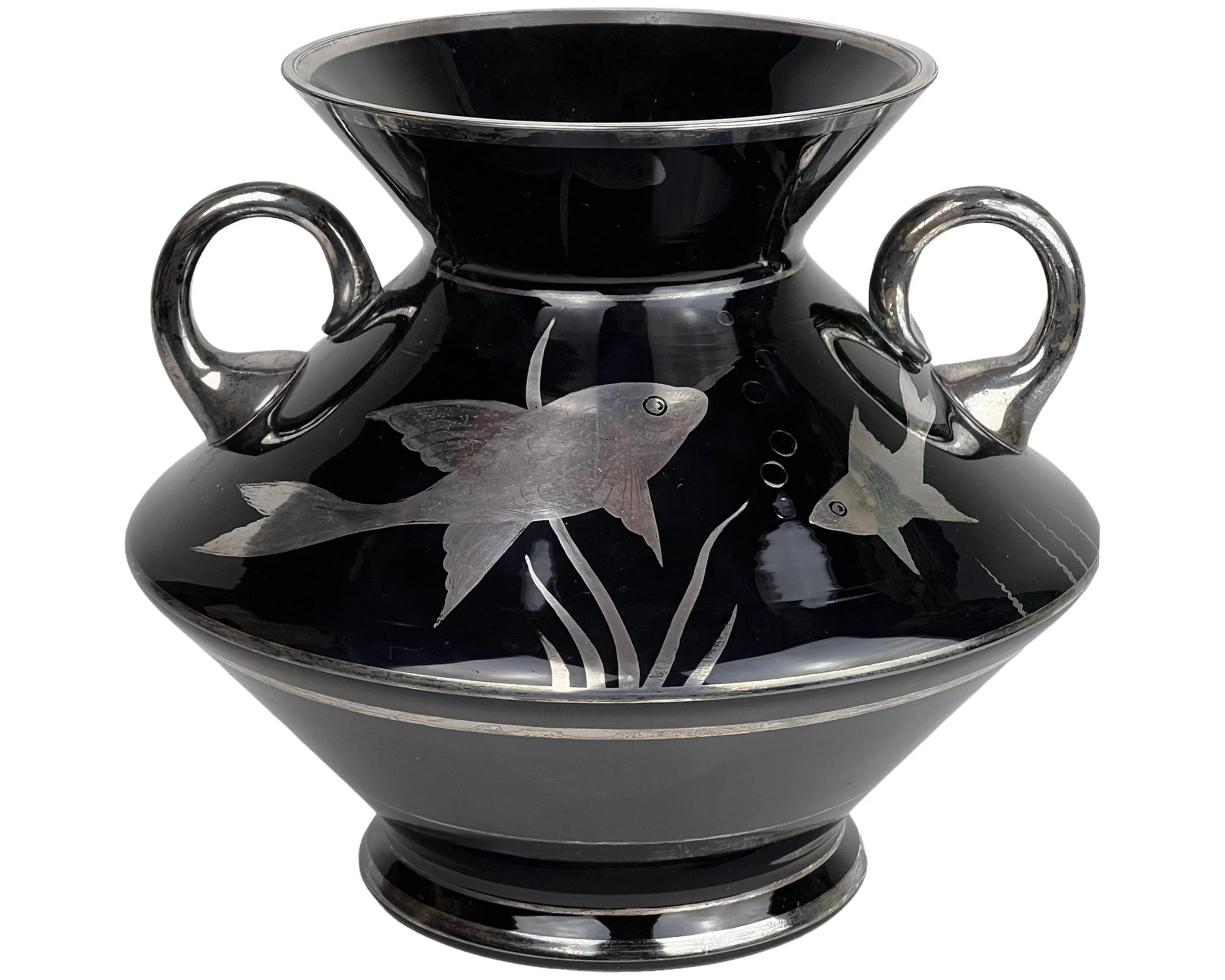 Art Deco Czech Vase Silver Deposit Fish on Black Glass 1930s