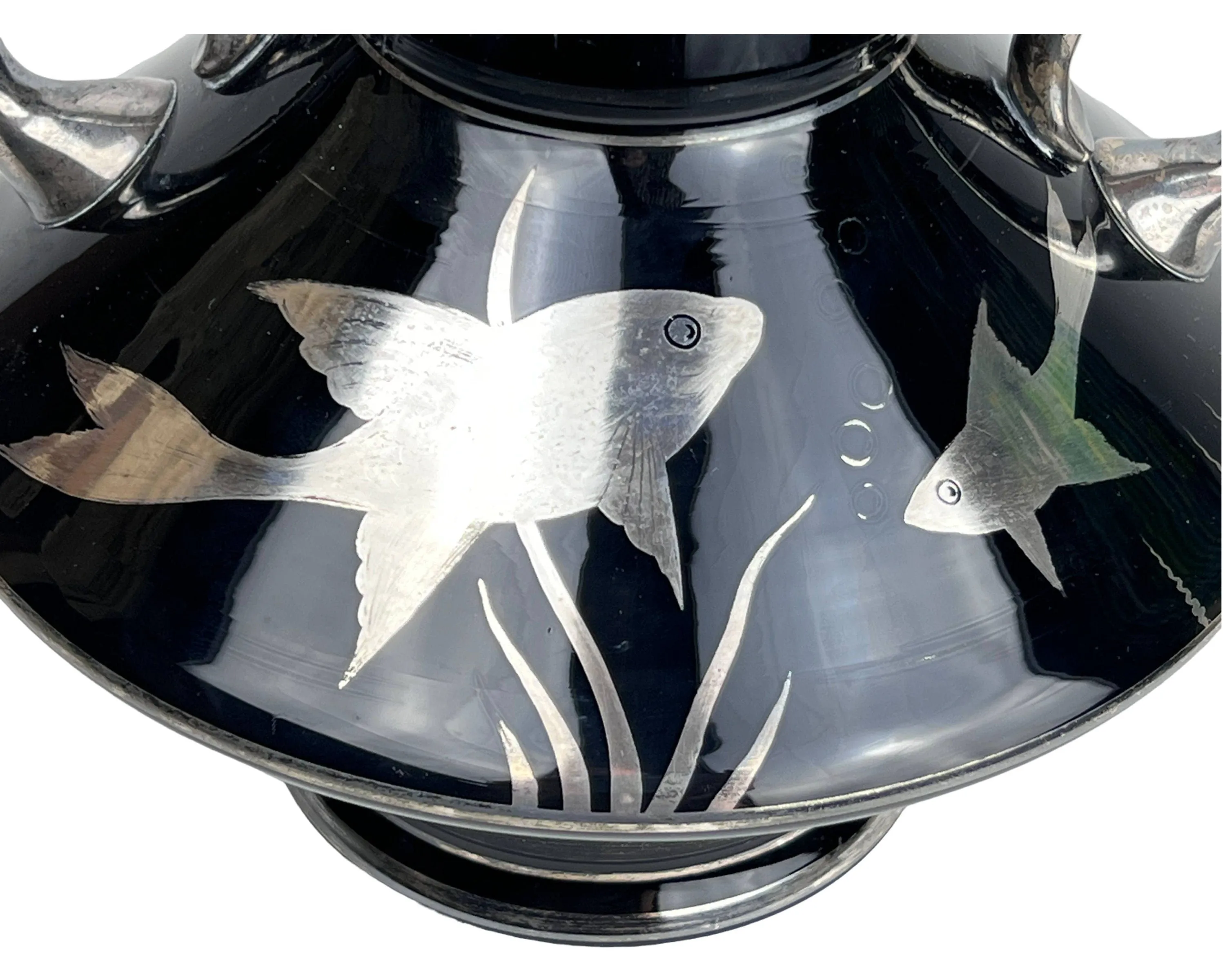 Art Deco Czech Vase Silver Deposit Fish on Black Glass 1930s