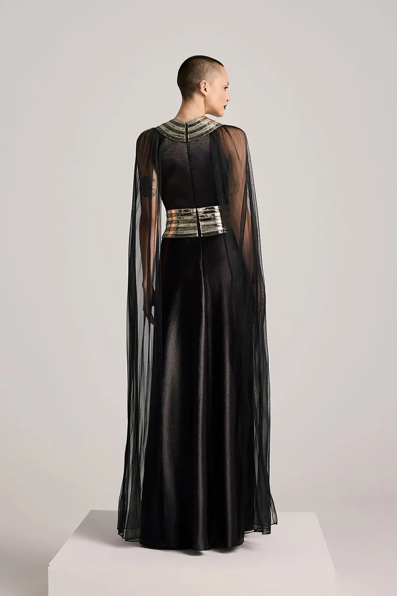 BLACK FALL-PANELLED TEXTURED SATIN GOWN