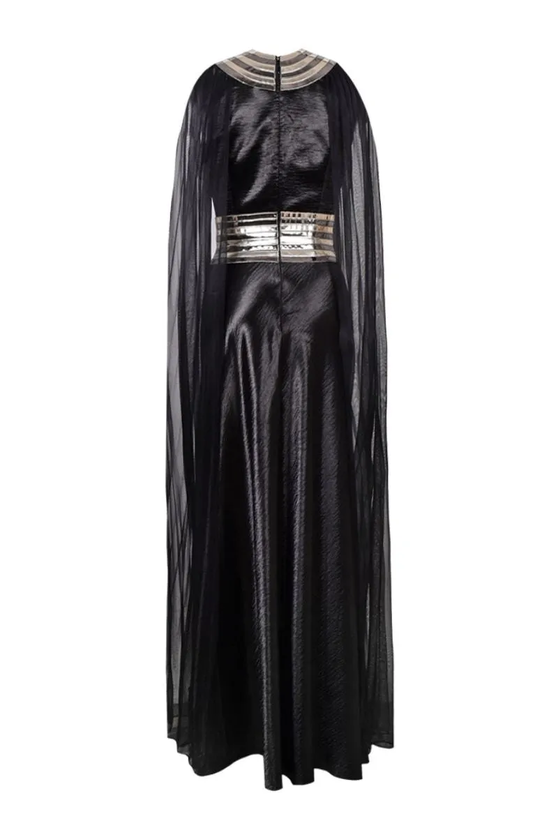 BLACK FALL-PANELLED TEXTURED SATIN GOWN