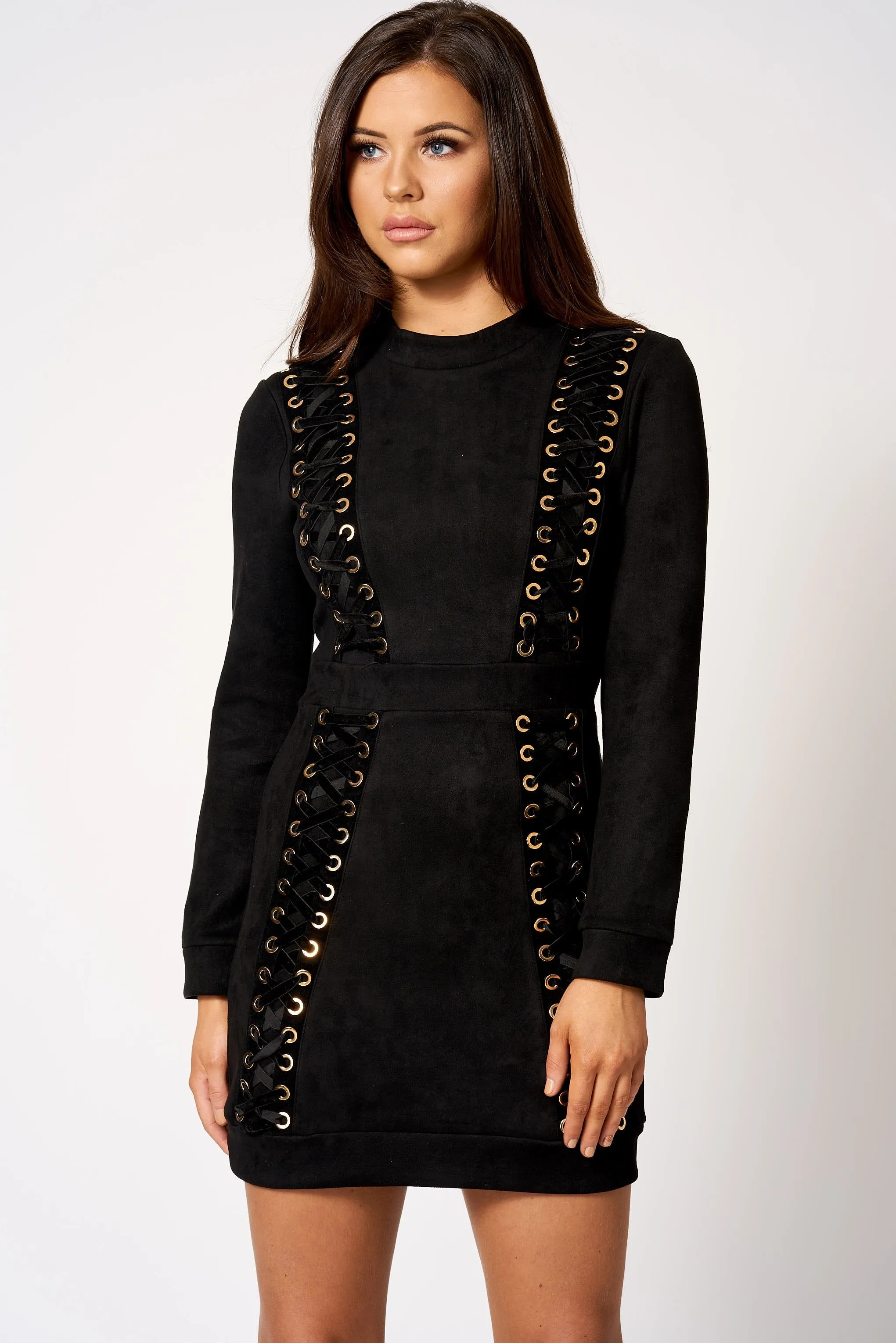 Black Faux Suede Lace Up Mini Bodycon Dress