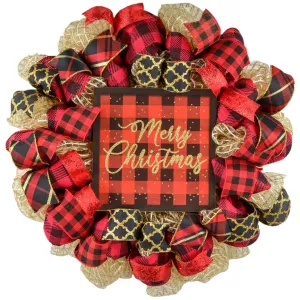 Black Red Gold Christmas Wreath - Burlap Buffalo Plaid Decor