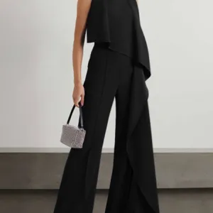 Black V-neck High Waisted Wide-leg Jumpsuit - Fern and Oak