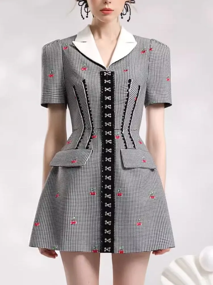 Check Embroidered Cherry Suit Dress【s0000006861】