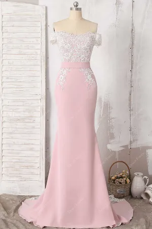 Dusty Pink Matte Stretchy Off Shoulder Lace Mermaid Long Dress