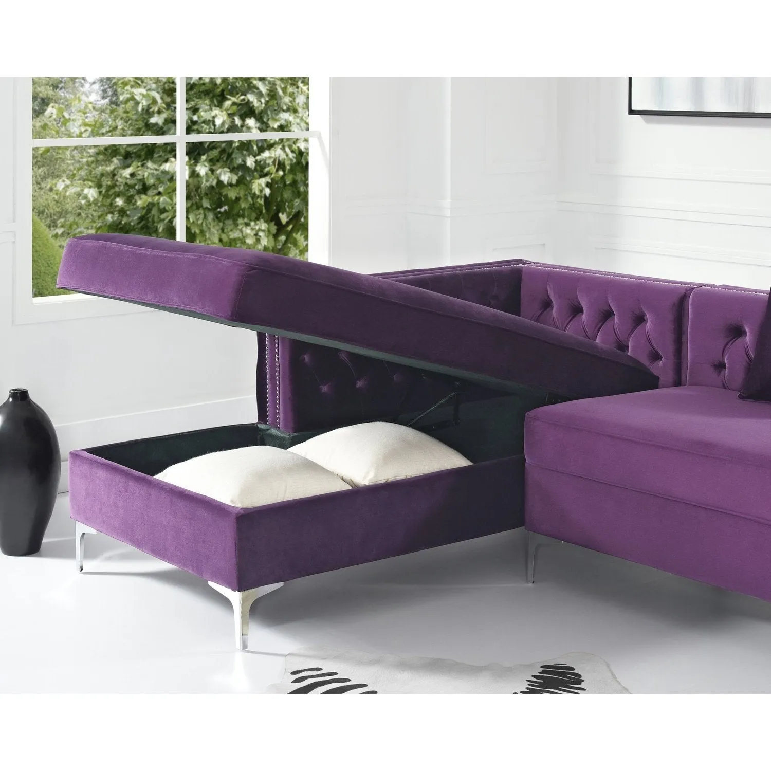 Giovanni Velvet Chaise Sectional Sofa with Storage