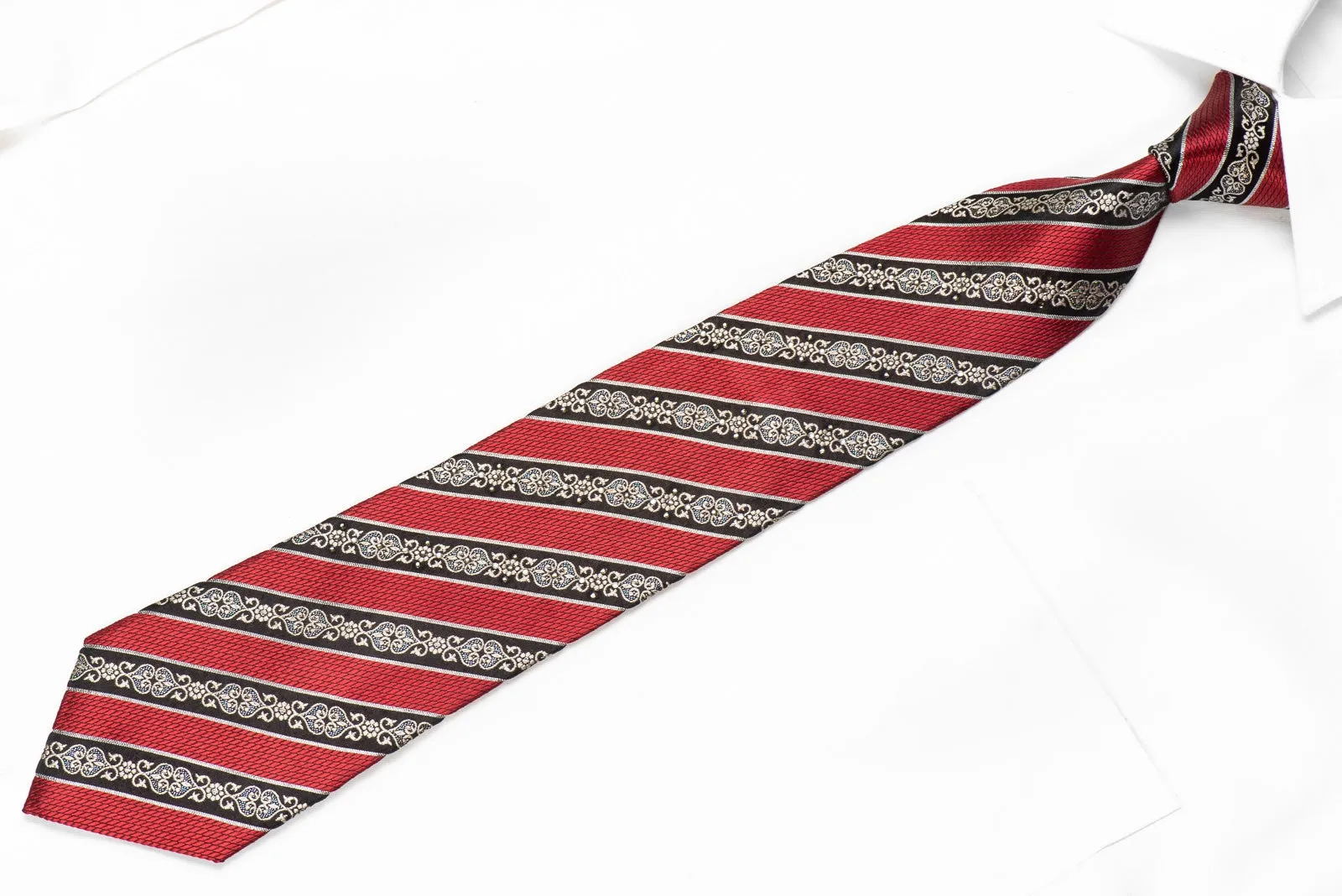 Indian Homme Men's Crystal Silk Tie Burgundy Black Striped With Silver Sparkles