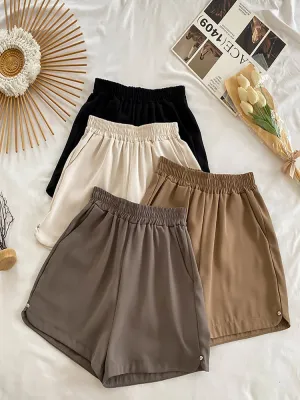 Korean Style Women Shorts Fashion Elastic High Waist Summer All Match Wide Leg Shorts Casual Solid Color Black Thin Shorts