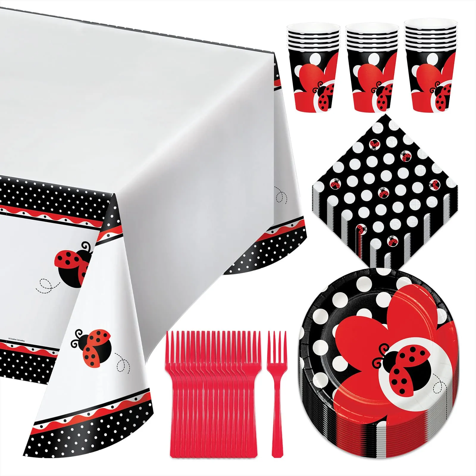 Ladybug Birthday Party Pack - Paper Dessert Plates, Beverage Napkins, Cups, Table Cover, and Forks Set (Serves 16)