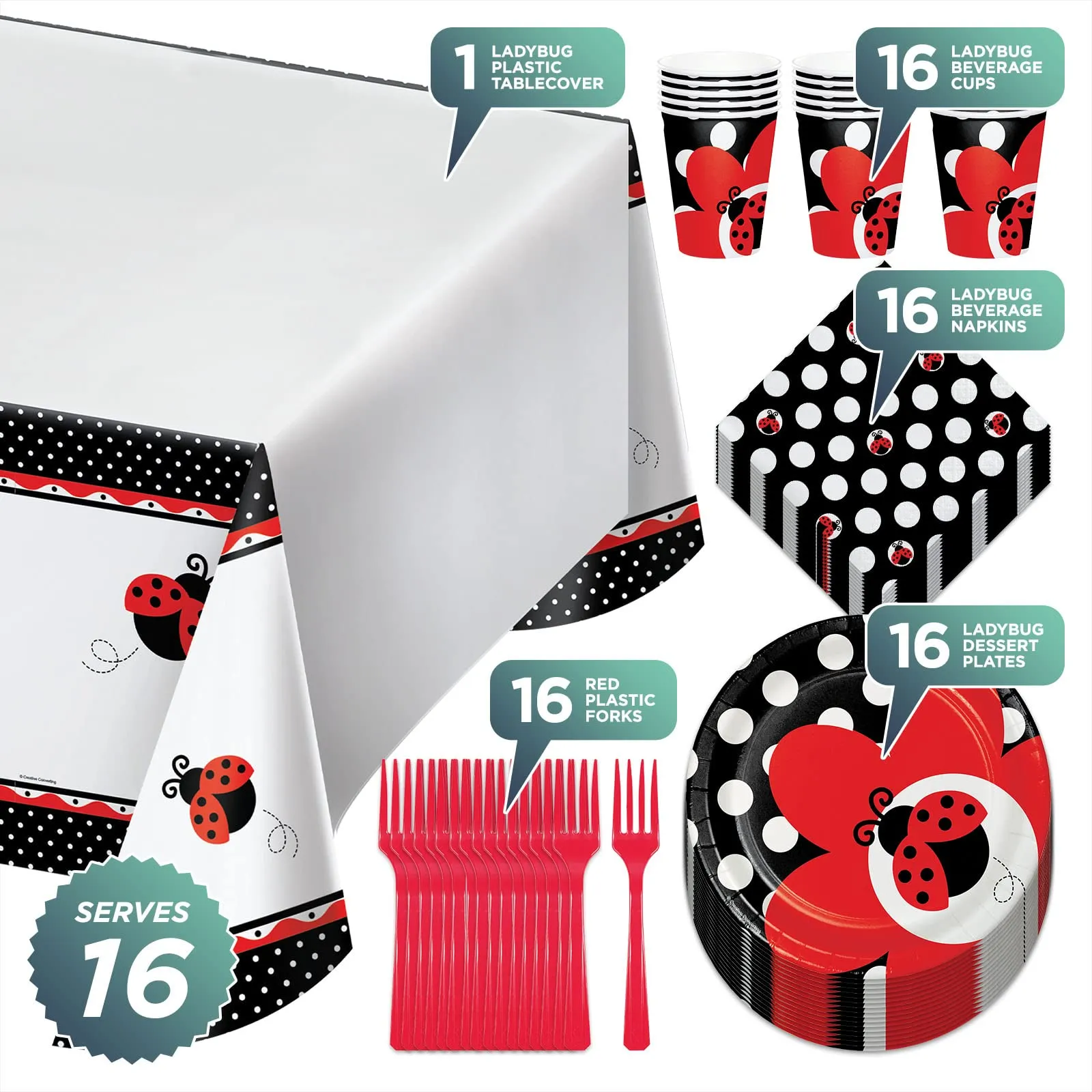 Ladybug Birthday Party Pack - Paper Dessert Plates, Beverage Napkins, Cups, Table Cover, and Forks Set (Serves 16)