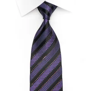 Louis Quatorze Men's Silk Necktie Purple Striped On Black Sparkling With Rhinestones