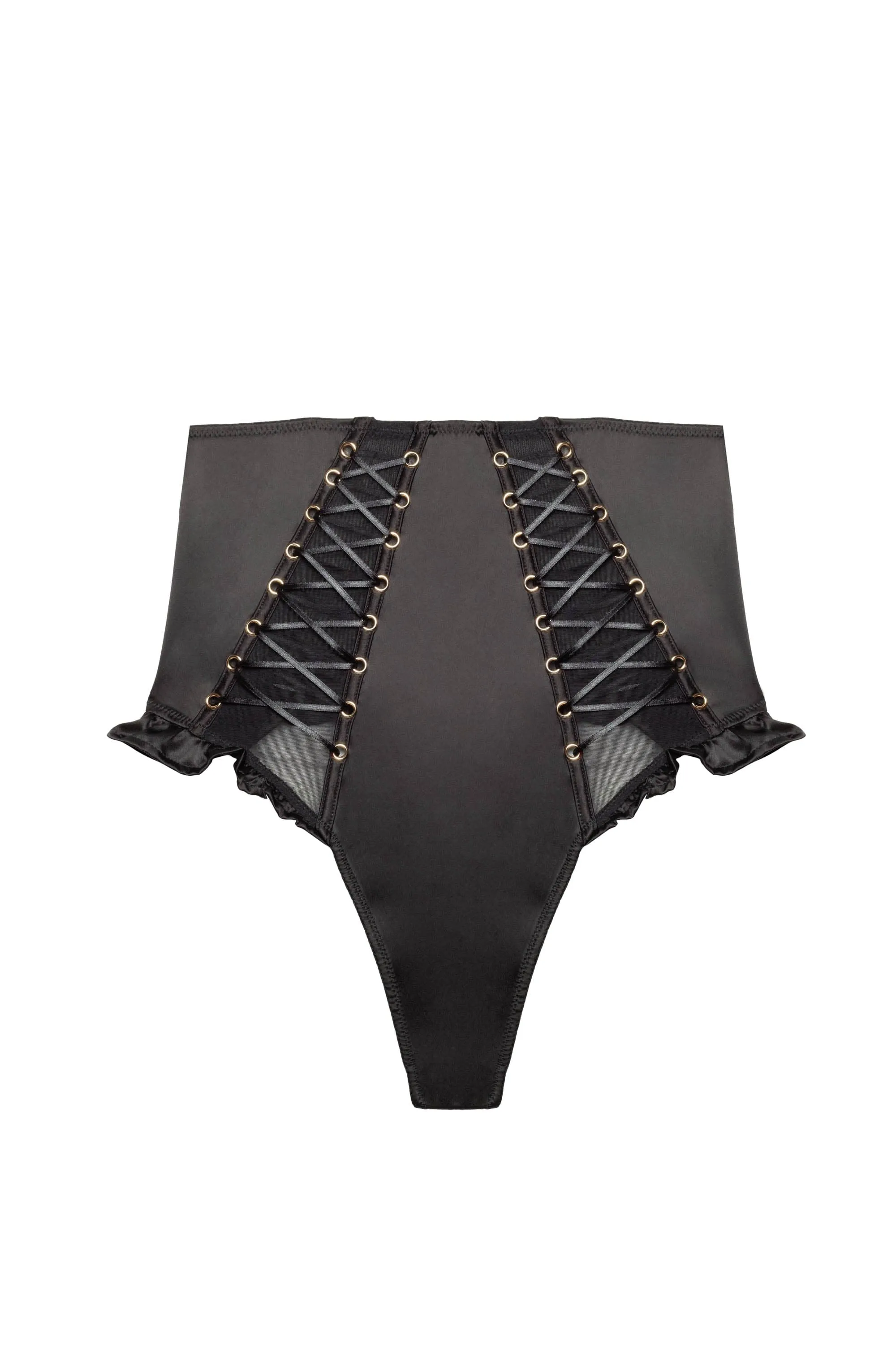 Marina High-Waisted Thong in Elegant Black Satin with Lace-Up Detail