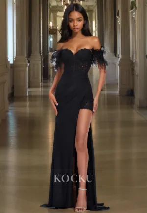 Off-Shoulder Sweetheart Sleeveless Sheath Slit Train Appliques Prom Dress with Feather Party Gown