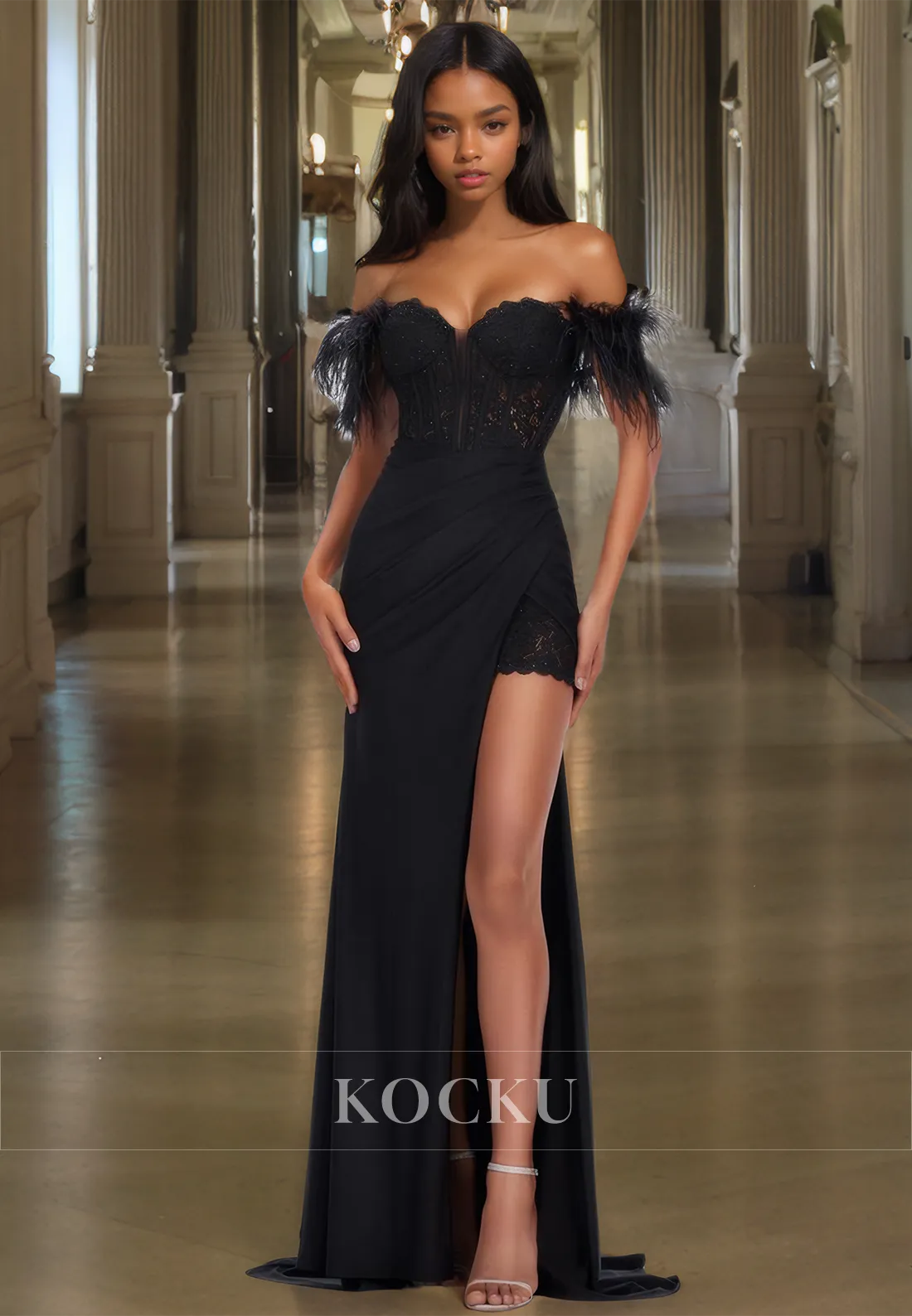 Off-Shoulder Sweetheart Sleeveless Sheath Slit Train Appliques Prom Dress with Feather Party Gown