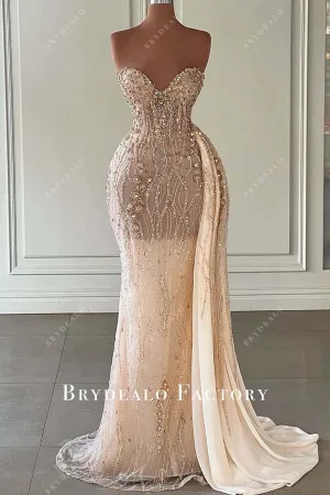 Pearl Pink Strapless Beaded Sash Prom Dress