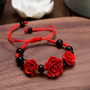 Red Wedding Flower Beaded Bracelet Adjustable Hand Jewelry Gift