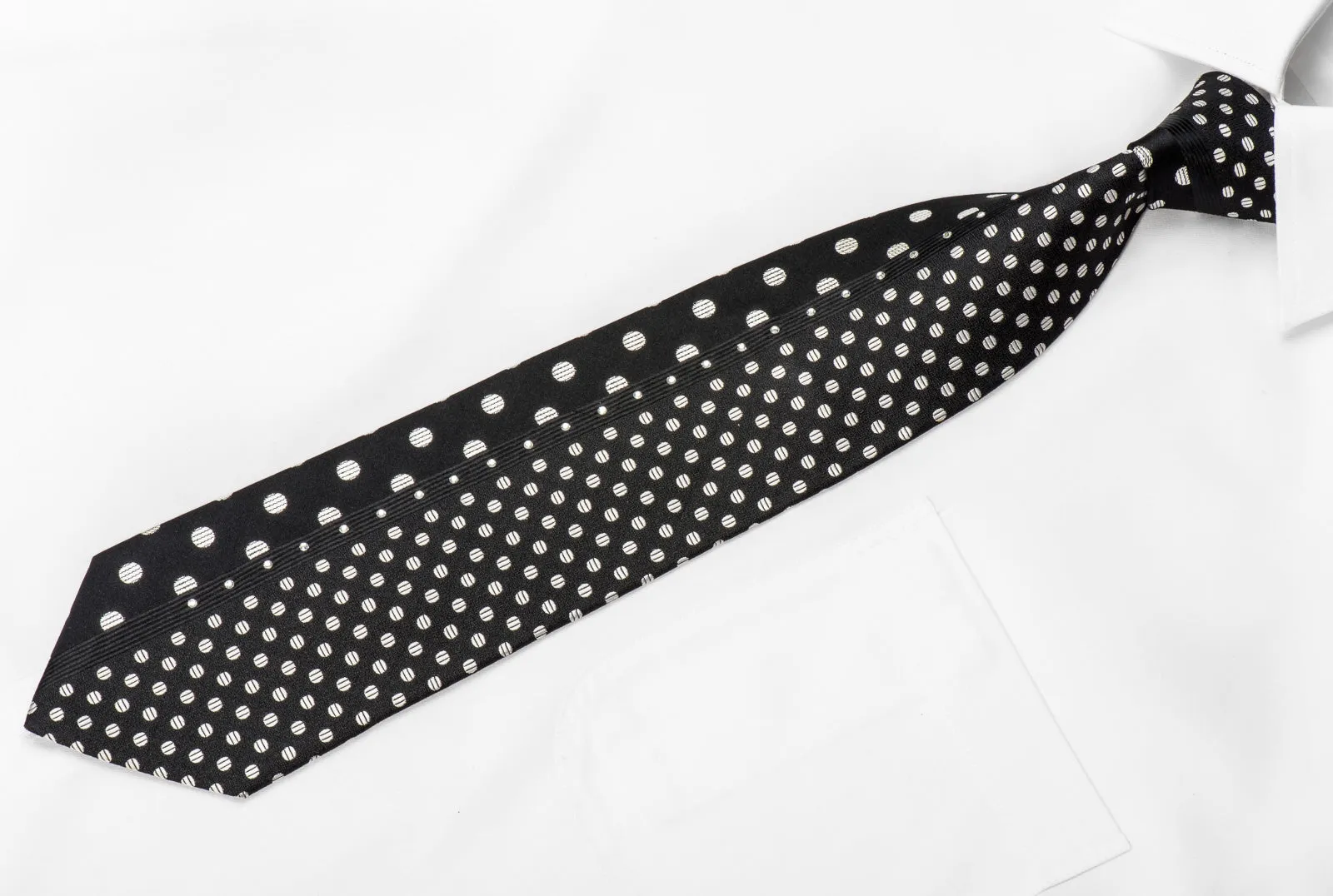 Royal Men's Crystal Silk Tie Silver Dots On Black With Silver Sparkles