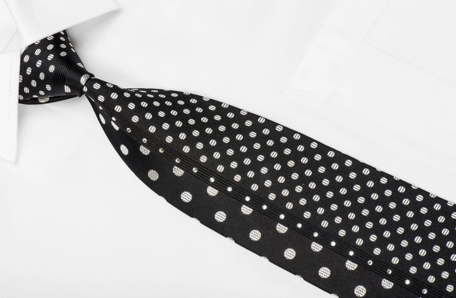 Royal Men's Crystal Silk Tie Silver Dots On Black With Silver Sparkles