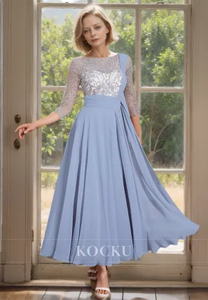 Scoop Neck A-Line Long Sleeves Pleats Chiffon Cocktail Dress with Appliques Mother of Groom