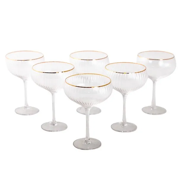 Set of 6 Fluted Cocktail Glasses with Gold Rims