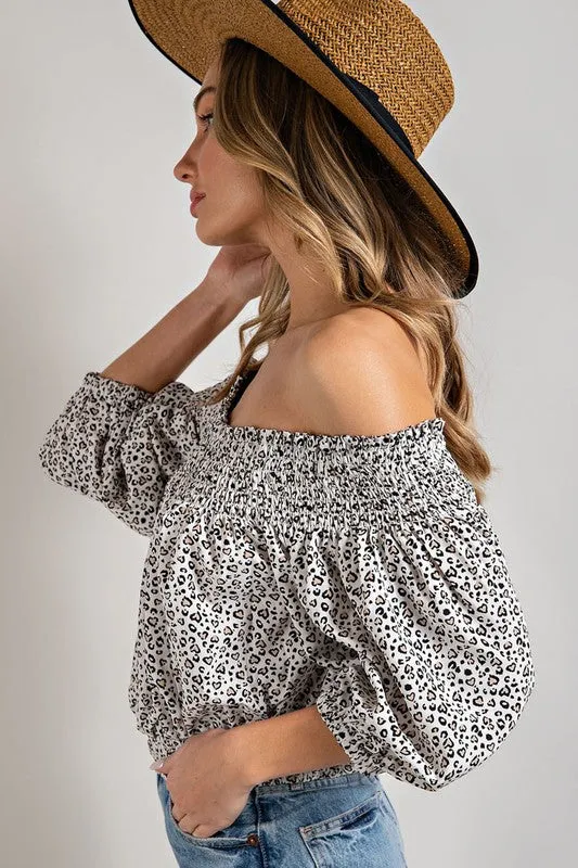 TEEK - Animal Print Smocked Off the Shoulder Top