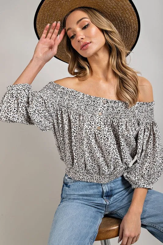 TEEK - Animal Print Smocked Off the Shoulder Top