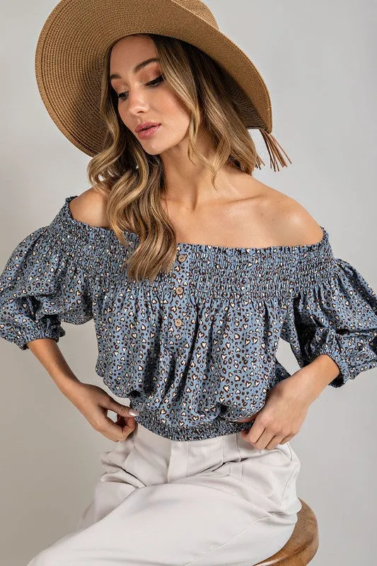 TEEK - Animal Print Smocked Off the Shoulder Top