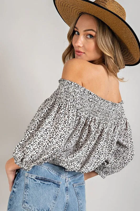 TEEK - Animal Print Smocked Off the Shoulder Top