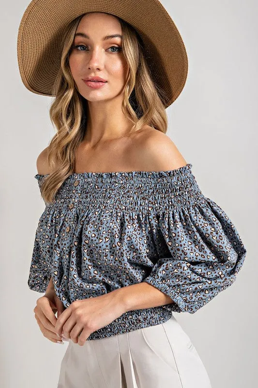 TEEK - Animal Print Smocked Off the Shoulder Top