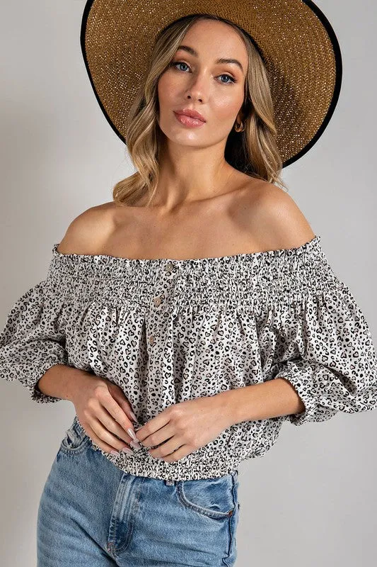 TEEK - Animal Print Smocked Off the Shoulder Top