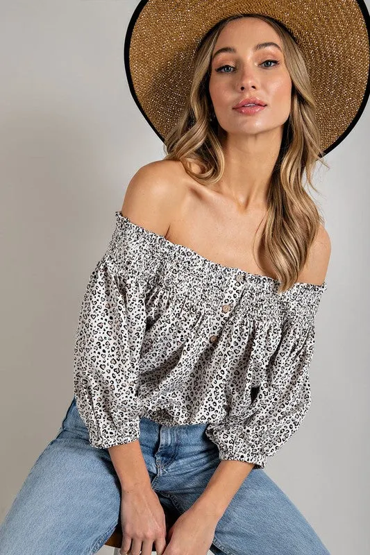 TEEK - Animal Print Smocked Off the Shoulder Top