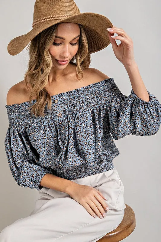 TEEK - Animal Print Smocked Off the Shoulder Top