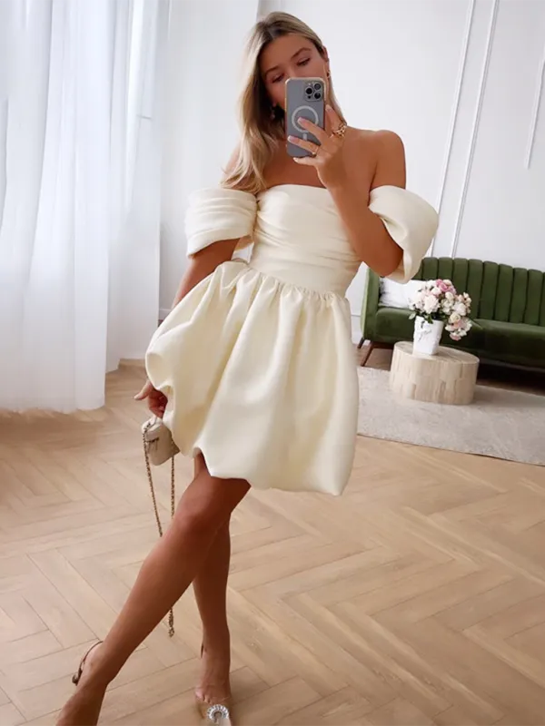 TEEK - Off White Off-Shoulder Princess Tube Puff Sleeve Dress