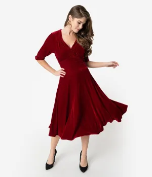 Unique Vintage 1950s Burgundy Red Velvet Delores Swing Dress with Sleeves