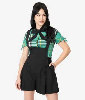 Unique Vintage 1970s Style Black Pleated Geena Pinafore Shorts