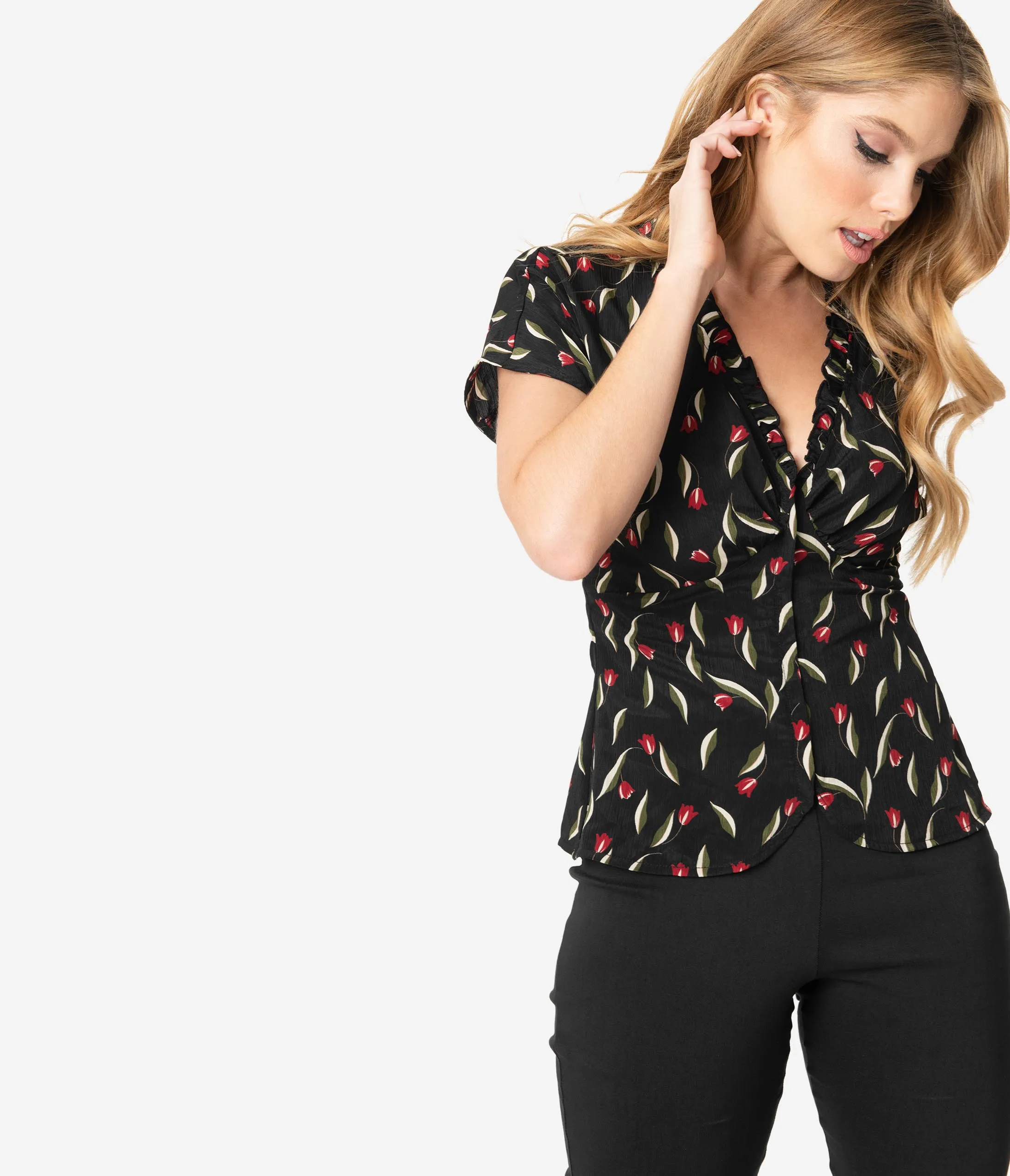 Unique Vintage Black & Red Floral Geraldine Blouse