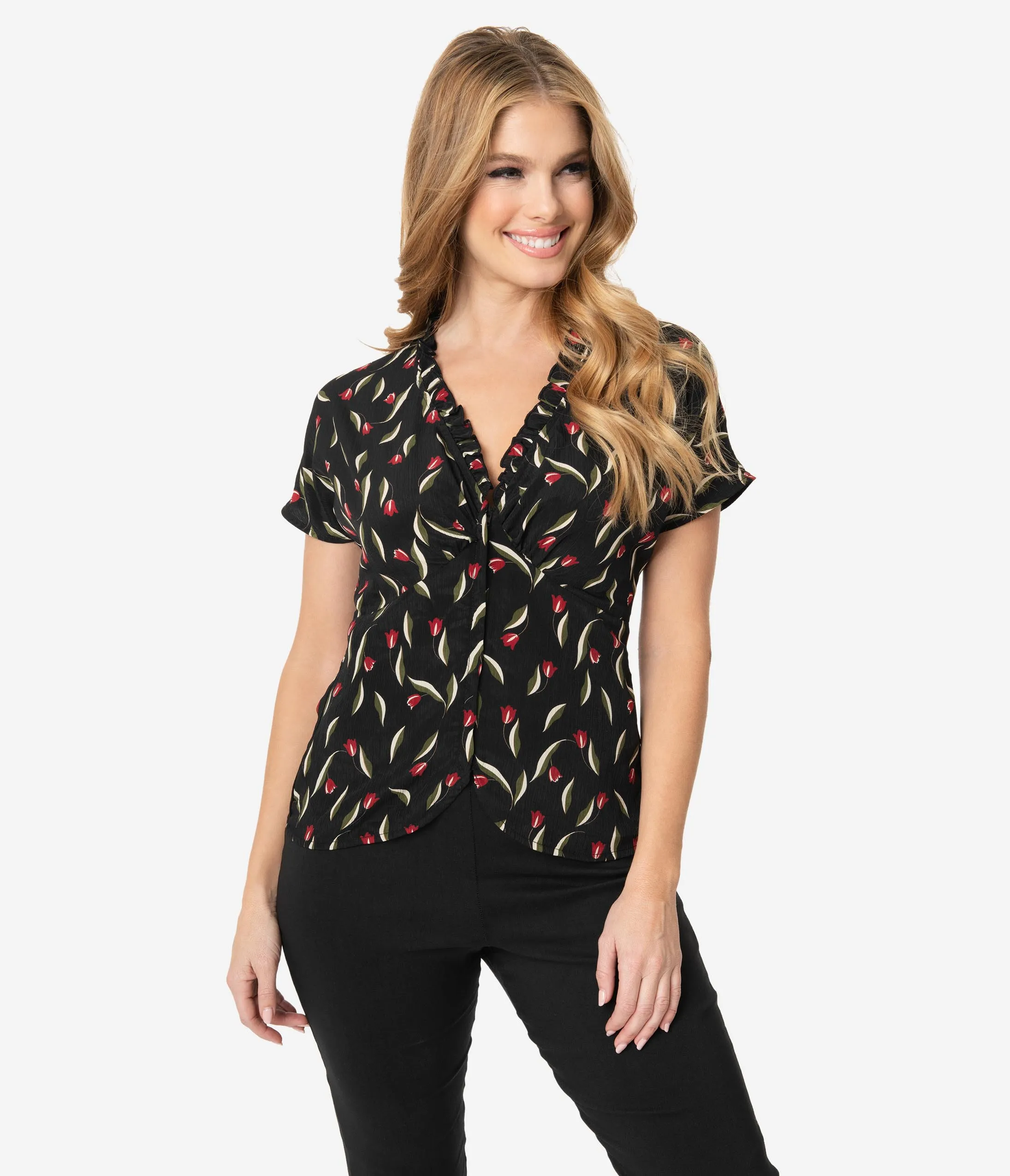 Unique Vintage Black & Red Floral Geraldine Blouse