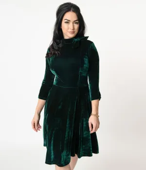 Unique Vintage Emerald Velvet Three-Quarter Sleeved Parker Flare Dress