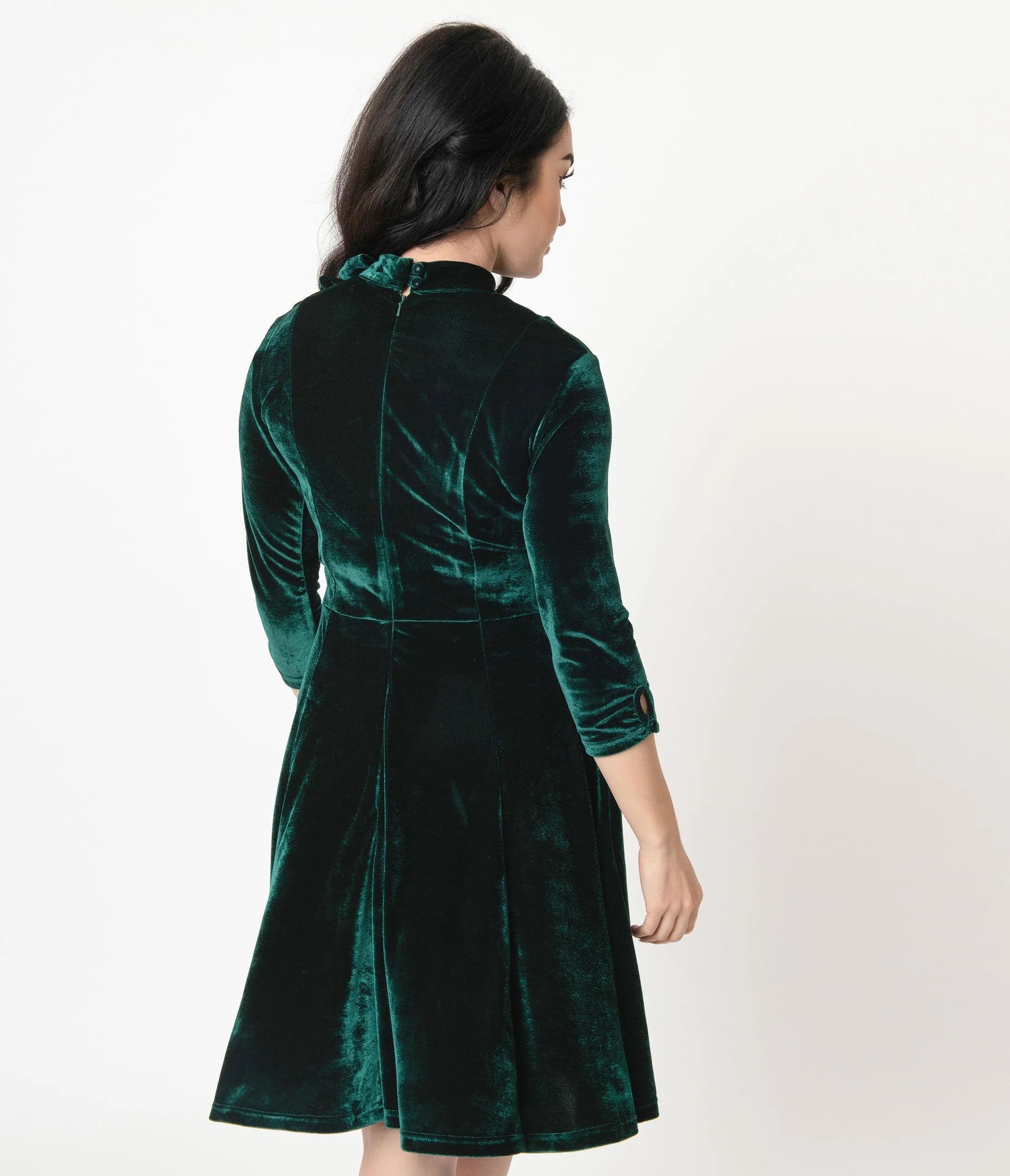 Unique Vintage Emerald Velvet Three-Quarter Sleeved Parker Flare Dress