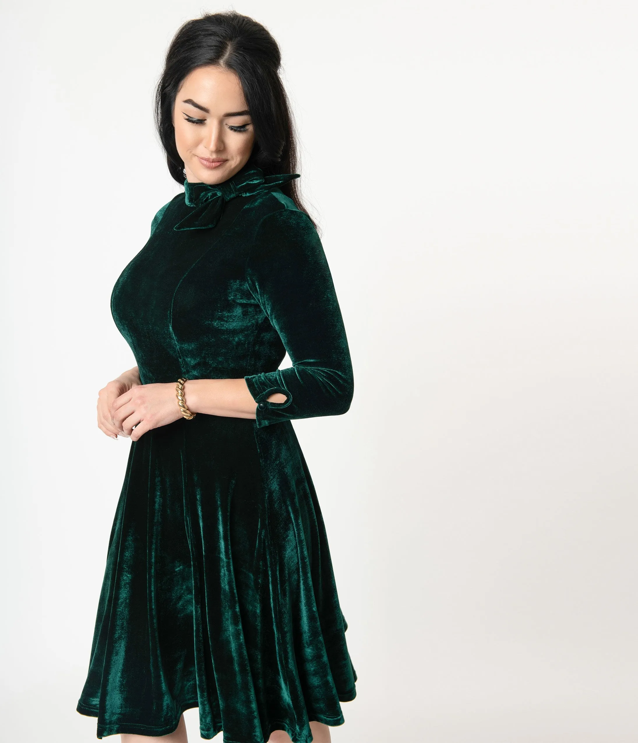 Unique Vintage Emerald Velvet Three-Quarter Sleeved Parker Flare Dress