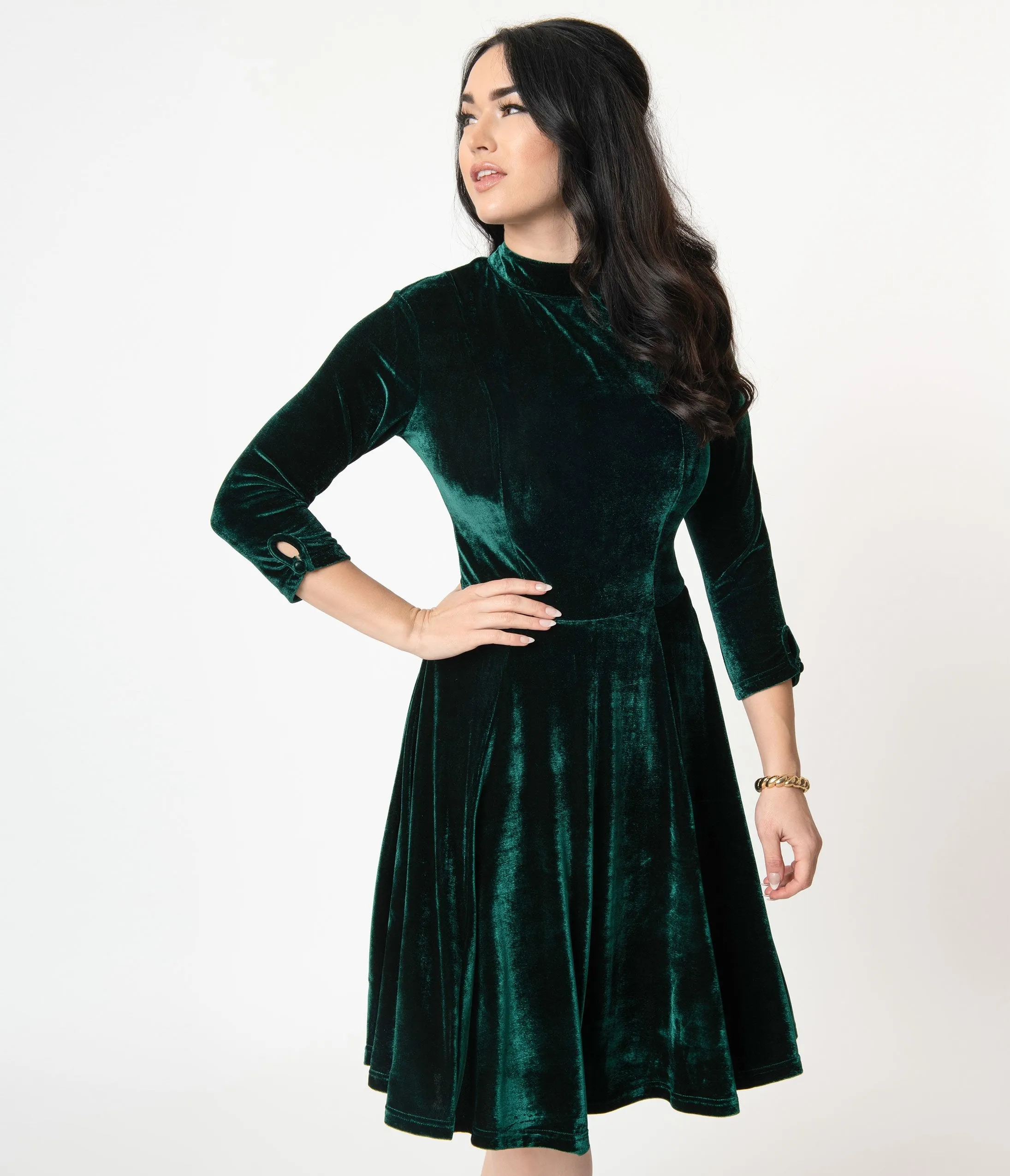 Unique Vintage Emerald Velvet Three-Quarter Sleeved Parker Flare Dress