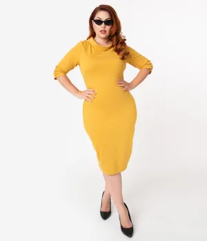 Unique Vintage Plus Size 1960s Retro Mustard Half Sleeve Cassidy Wiggle Dress