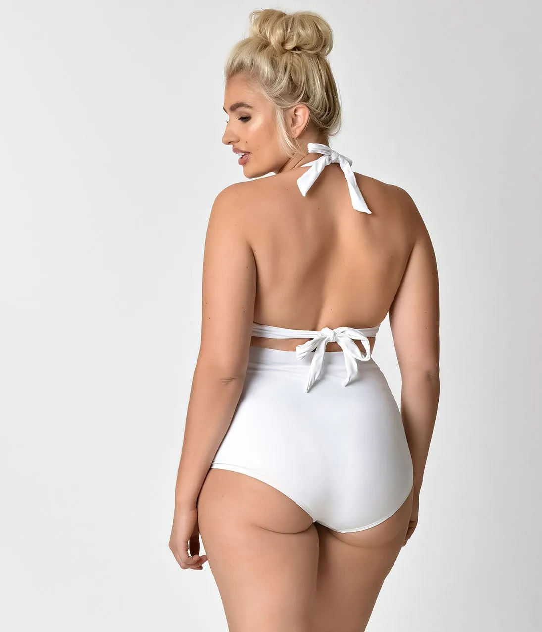 Unique Vintage Plus Size Solid White Monroe Halter Swim Top