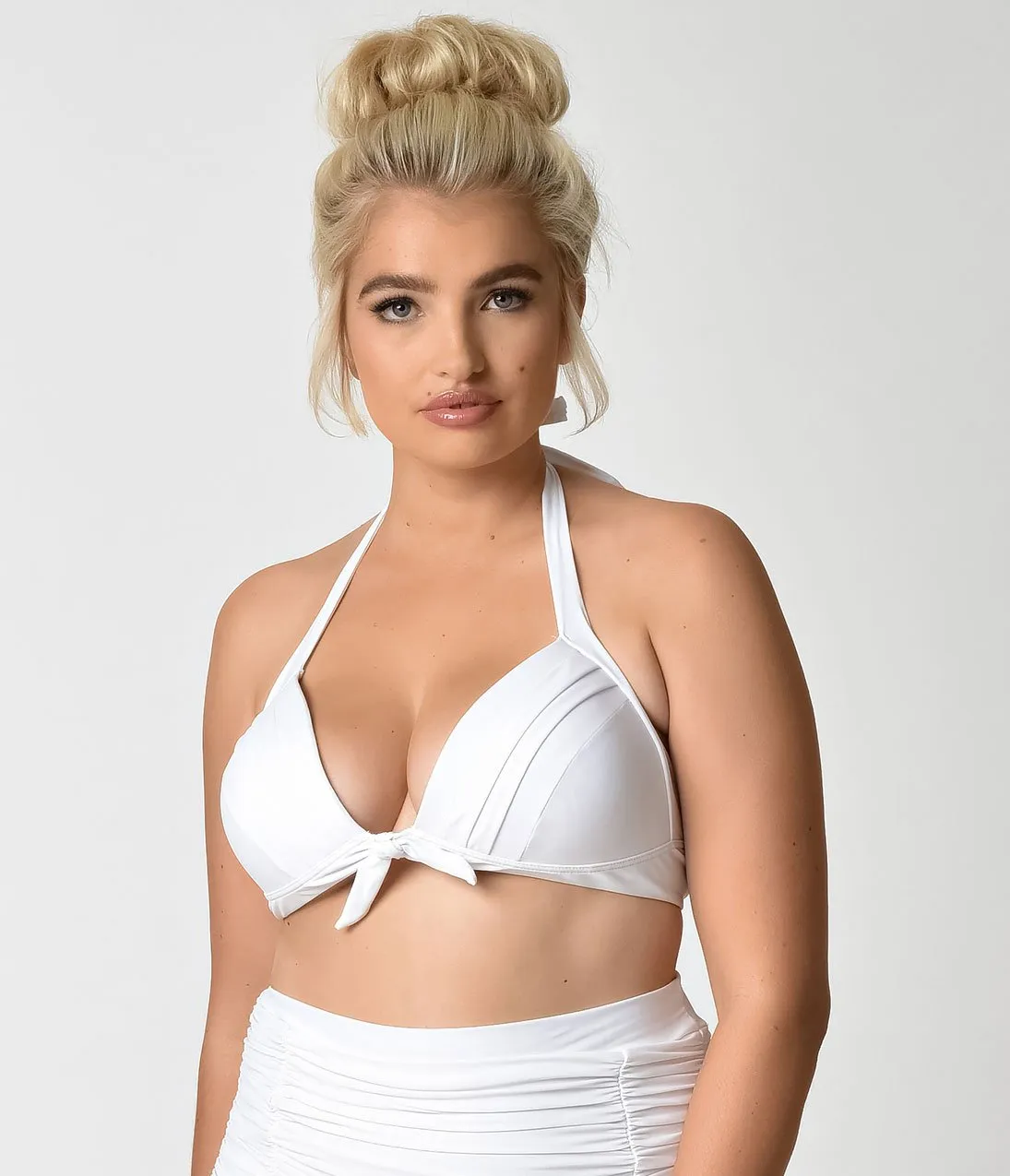 Unique Vintage Plus Size Solid White Monroe Halter Swim Top