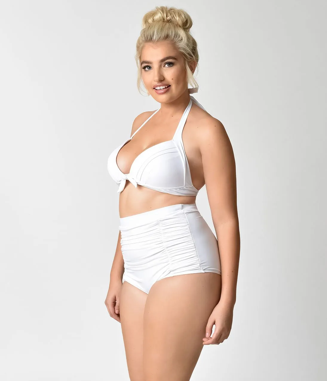 Unique Vintage Plus Size Solid White Monroe Halter Swim Top