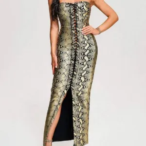 Vickie Strapless Snakeskin Print Front Lace Up Maxi Dress