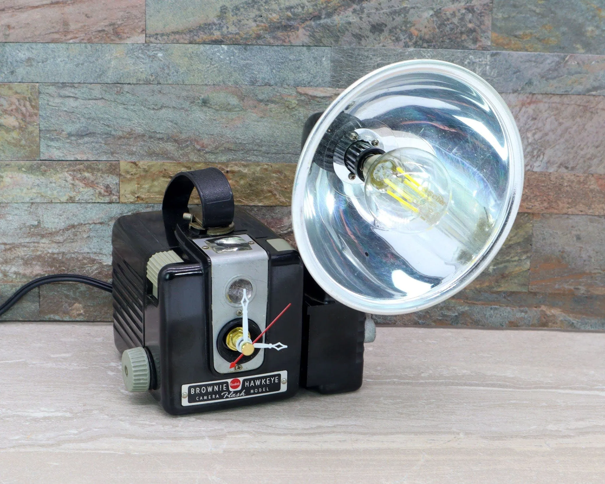 Vintage LED Reading Lamp and Clock, Task Lamp, Kodak Brownie Hawkeye Lamp, Camera art, vintage lover gift