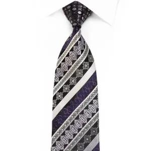 Vito Rufolo Men's Crystal Silk Necktie Silver Striped & Purple Cartouche On Black With Sparkles